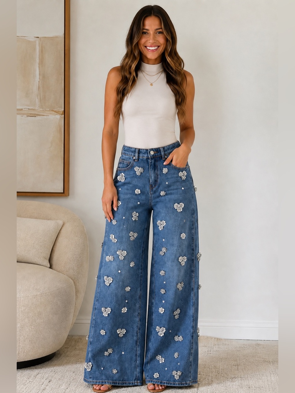 Nasty Gal Sequin Embellished Wide Leg Jeans Size 4